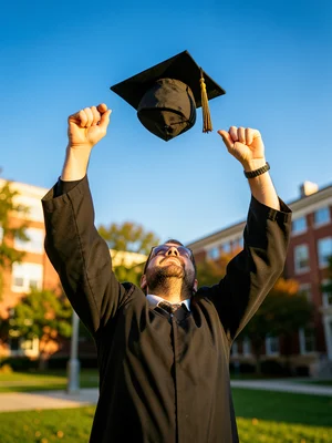 Graduate throwing cap into blue sky, arms raised, sunny campus