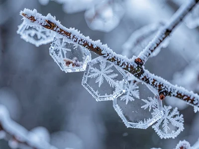 Crystal plates on branch showing hexagon