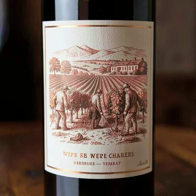 Wine label illustration, Vineyard at harvest time with workers , elegant estate 