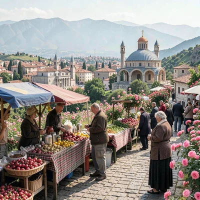 Historical layers visible simultaneously in Plovdiv, Bulgaria, market stall with