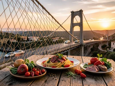 Suspension bridge with cables made of spaghetti, cars crossing, sunset