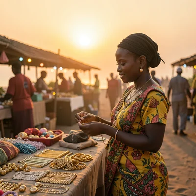 Peachy golden Dakar sunset light through sea haze, Woman selling jewelry at Soum