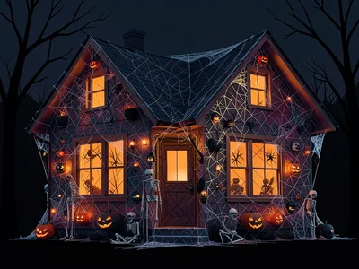 House exterior covered in Halloween decorations, cobwebs, skeletons, orange ligh