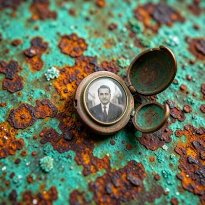 Antique bronze locket with age patina, open showing tiny photograph inside