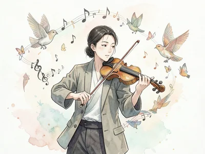 Musician playing violin, music notes transforming into birds and butterflies aro