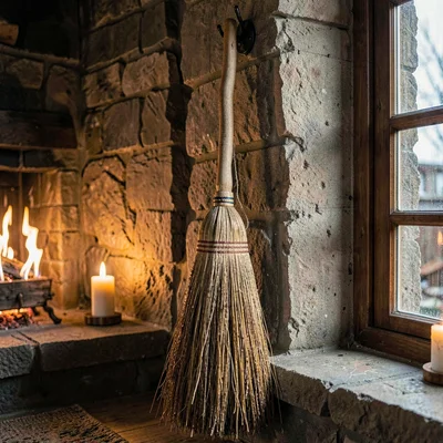 Warm vertical hero of a finished broom hanging from a hook in a hearth-side nook