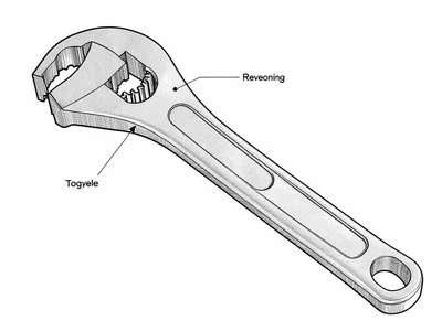 Engineered drawing of a single ratchet wrench with reversing toggle marked by ti