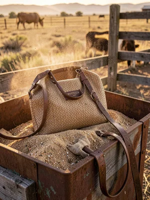 Bottega Veneta woven bag on feed bin lid, grain dust and craftsmanship