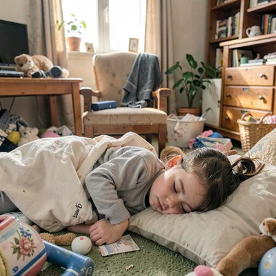 Sleeping child, their face the only stillness in room full of chaos
