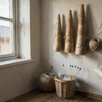 Quiet corner of the loft with cones of nylon twine racked on a wall and netting