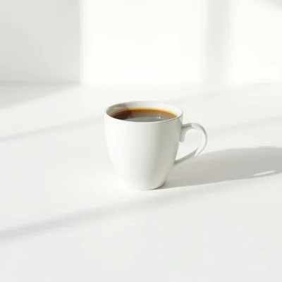 Minimalist photography of a single white coffee cup centered on a clean matte background, soft natural window light, sub