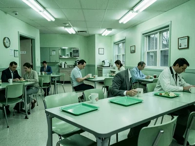 Hospital cafeteria with green trays, institutional dining, healthcare eating