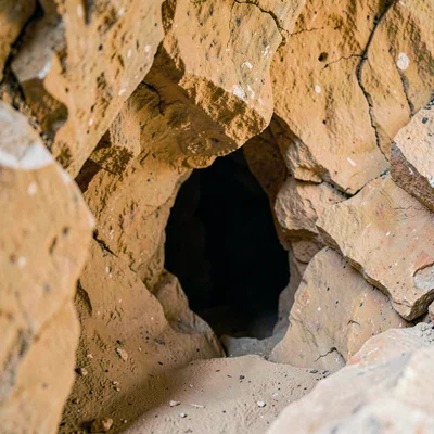 Mineral cut close-up of a rough sandstone cave entrance, warm ochre tones