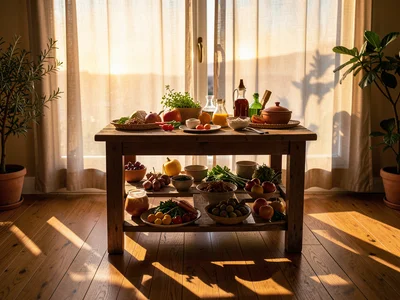 Sunset through sheer curtains casting warm rectangles on hardwood floor, plant s