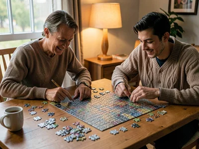 Two people puzzling together, each working a section, the quiet social activity