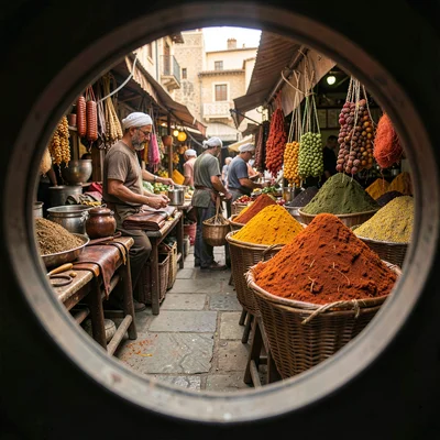 Through the Fes tannery eye, leather and dye craft, Spice cones in a souk stall,
