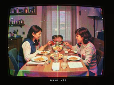 Paused VHS frame of family dinner, mother at head of table, tracking lines