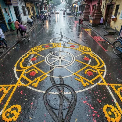 Looking down at Chennai's overlooked patterns, Bicycle wheel tracks cutting thro