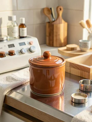 Pill organizer in ceramic with lid, warm terracotta glaze, medicalized self-care