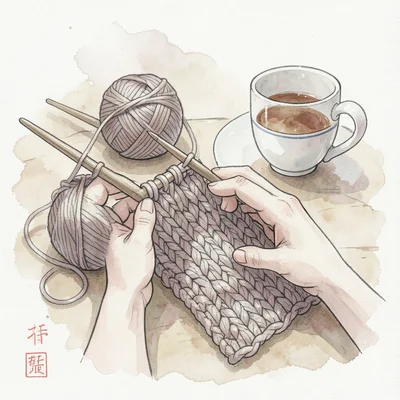 Knitting project in progress: wool yarn, needles, half-finished scarf, cup of co