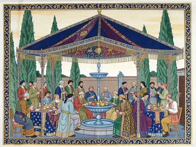 Outdoor feast beneath a jeweled canopy with cypress trees and a fountain