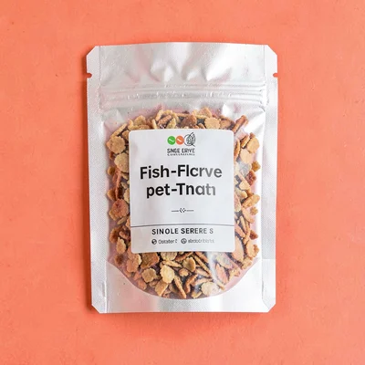 single sealed foil-pouch of single-serve fish-flake pet-treat top-down on a satu