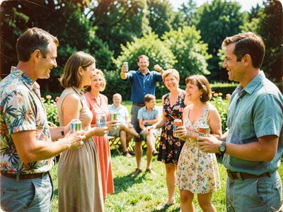 Summer lawn party from 1960s, guests holding aluminum cans with modern labels