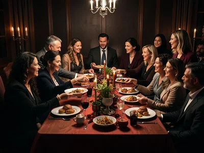 Large family gathered around thanksgiving table, passing dishes, warm lighting