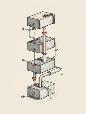 Vertical schematic of stacked rectangles connected by hand-drawn pipelines and t