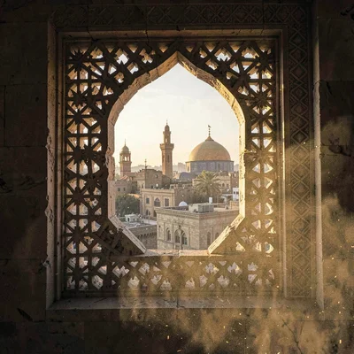 Islamic Cairo geometry, medieval city light, carved stone window frame, geometri