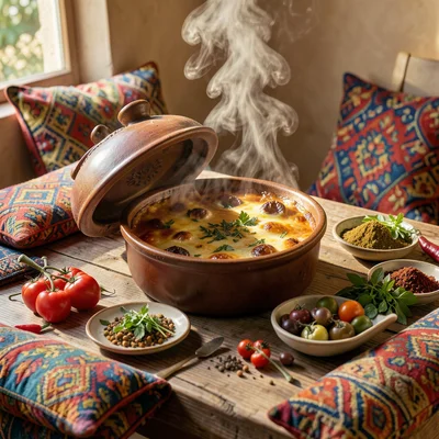Moroccan tagine being opened at table, steam and spices, colorful cushions aroun