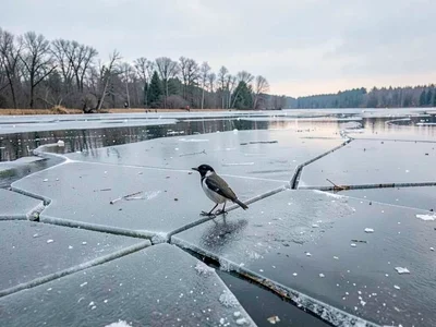 Bird standing on shrinking ice plate