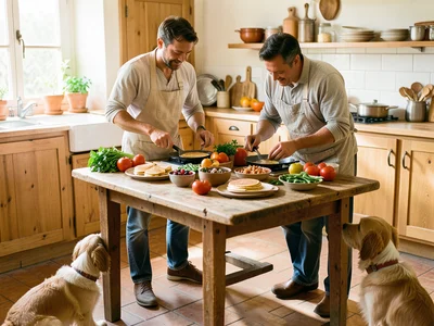 Couple cooking breakfast together in bright kitchen, pancakes flipping, dog watc