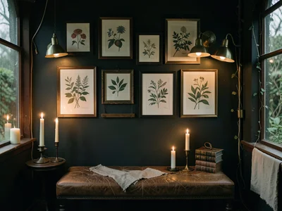 A collection of botanical prints framed on a dark wall, brass picture lights, a 