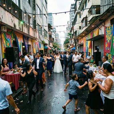 Documentary photograph of megacity life, dense urban scene, A wedding celebratio