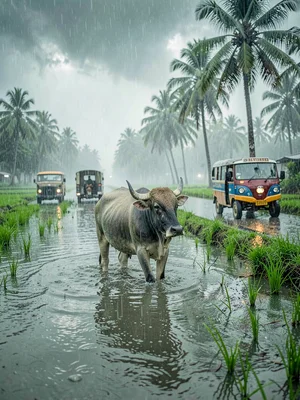 Buffalo Standing in Flooded Paddy Field