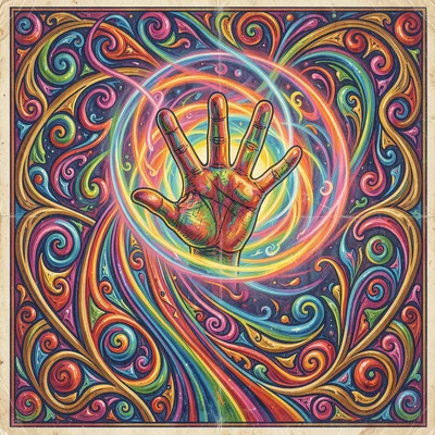 Psychedelic poster illustration, a hand reaching through dimensional portal , vi