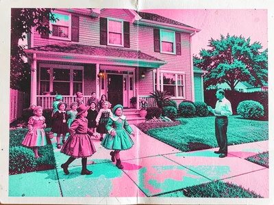 Trick-or-treaters costumed and walking up a tract-house driveway with one parent