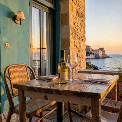 Adriatic limestone warmth, Dubrovnik honey stone, Olive oil bottle on outdoor re