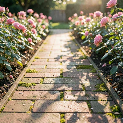 Detail of a brick path with mossy seams between rose beds, raking afternoon ligh