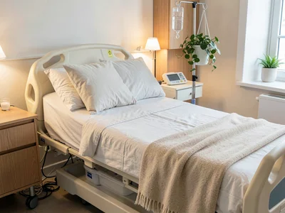 Hospital bed made with linen sheets and wool throw blanket, IV stand with housep