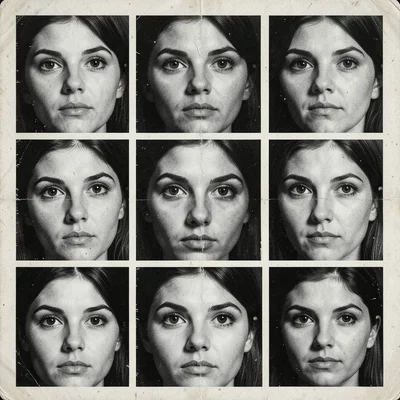 Eyes cut from six different magazine portraits arranged in a grid, photocopied t