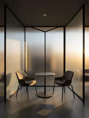 Minimalist meeting pod with frosted glass walls, two chairs, and a small round t