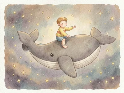 A child riding on the back of a giant gentle whale through a sea of stars instea