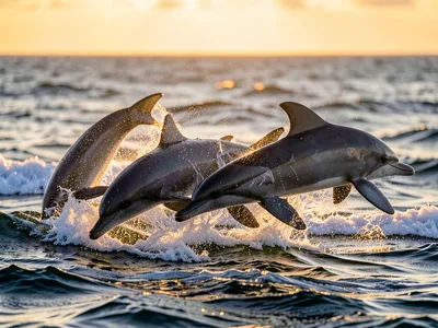 Pod of dolphins leaping through ocean waves at sunrise