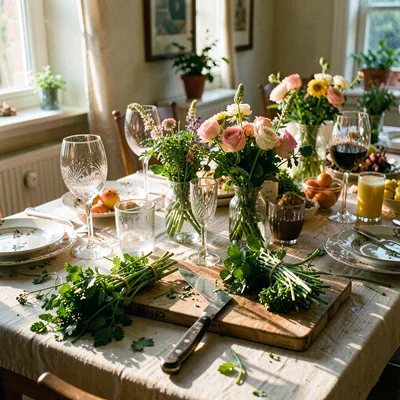 Mid-feast table scene, abundant hospitality, Fresh herbs bundled on a cutting bo