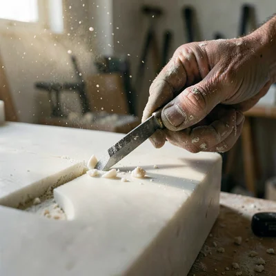 Documentary-style photograph, natural and observed, Italian marble sculptor's wo