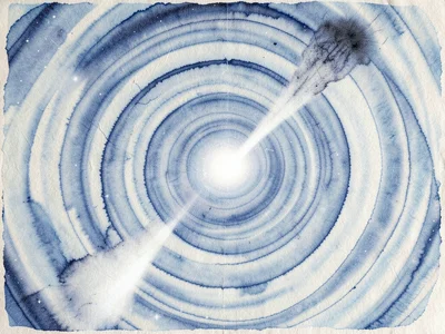 A comet with a bright nucleus and a long streaming tail of dilute ink across the