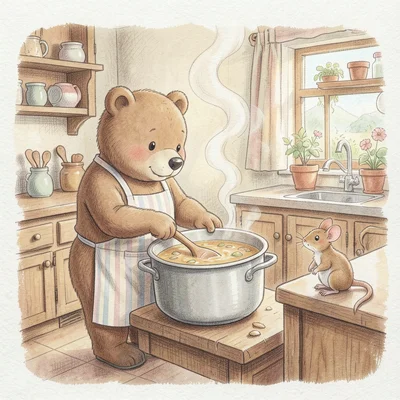 A bear in a striped apron stirring a big pot of soup in a cozy kitchen, steam cu