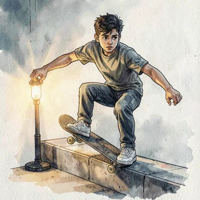 A determined Persian skateboarder teen mid-trick on a curb, lamp warmth catching
